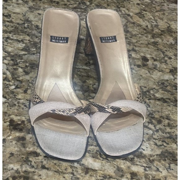 Stuart Weizman Square-Toe Snake-Print Leather Crossover Slide Block Heel Sandals - Picture 2 of 6